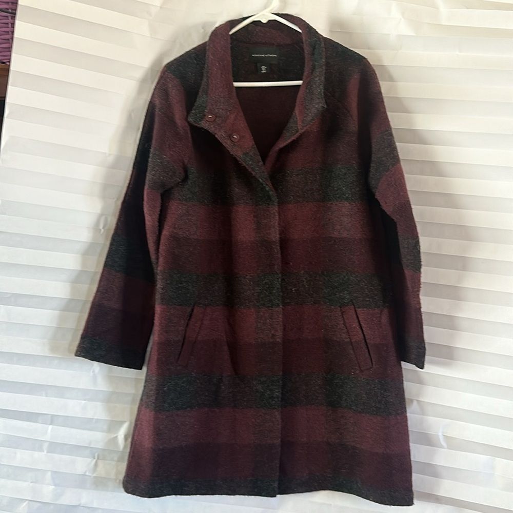 Adrienne Vittadini Women's Long Wool Blend Coat Red/Black Stripe Size Large